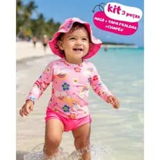 Kit Praia Bebê Infantil 3 Peças com Proteção Solar UV50+ Manga Longa Tapa Fralda Chapéu
