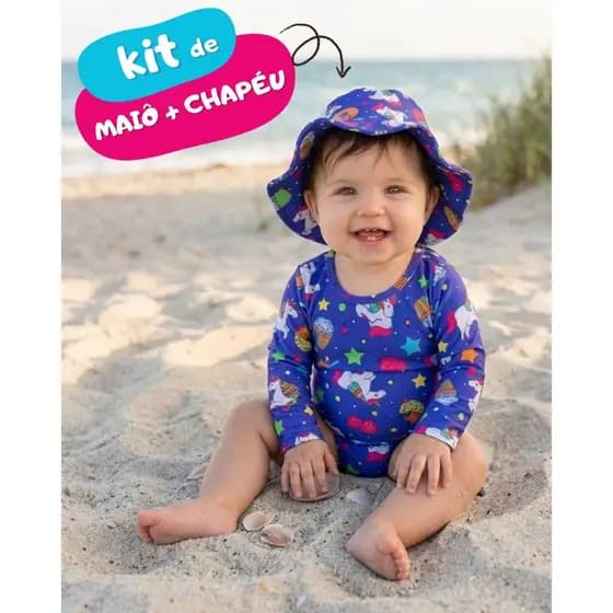 Kit Praia Bebê Proteção UV 50+ Maiô Biquíni Infantil com Chapéu