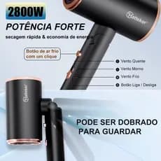 Secador de Cabelo Dobrável de Alta Potencia 2800W com Secagem Rápida com Íons Negativos Hatteker