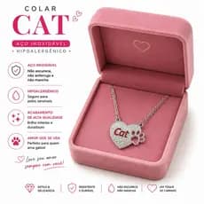 Colar Cat Aço Inox Hipoalergênico Correntinha com Pingente Coração e Patinha de Gato
