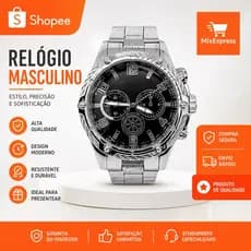Relógio Aço Masculino de Pulso Luxo, casual – Aço Inoxidável, Quartzo – Dourado e Prata/Preto