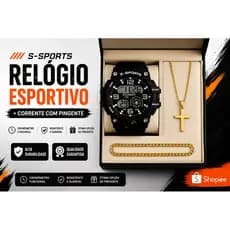 Kit Relógio Digital Masculino + Pulseira + Corrente – Robusto, Sport