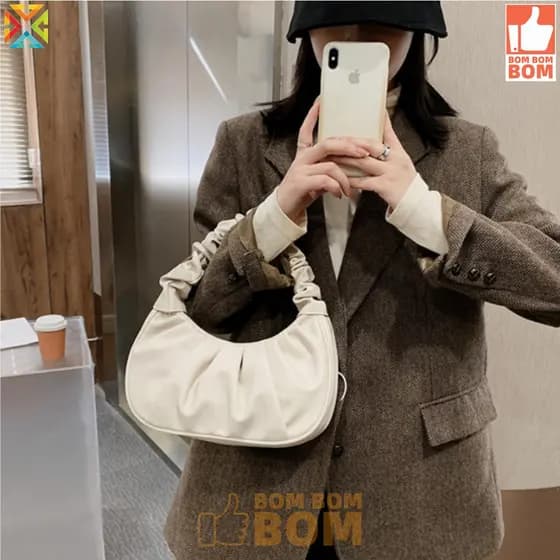 Bolsa Baguete Nuvem Pregueada Couro Sólido Diversas Cores Bolsinha de Ombro