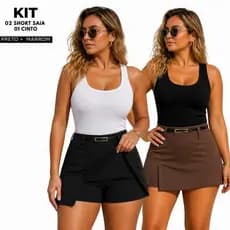 Kit 2 Short Saia Feminino Alfaiataria com Cinto Cintura Alta Look Casual Elegante Moda Instagramável