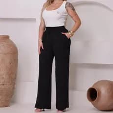 Calça Pantalona Feminina Cintura Alta Com Elástico na Cintura  e BolsoTecido Duna