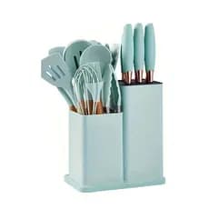 Kit 19 Utensílios De Cozinha Silicone Cabo De Madeira Faca Tábua Cor:Verde Água