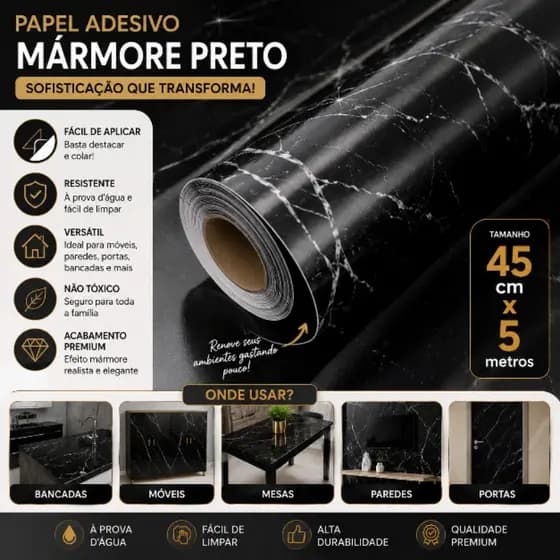 Papel Adesivo Mármore Preto Premium 45cm x 5m – Renovação Fácil para Móveis, Paredes e Bancadas