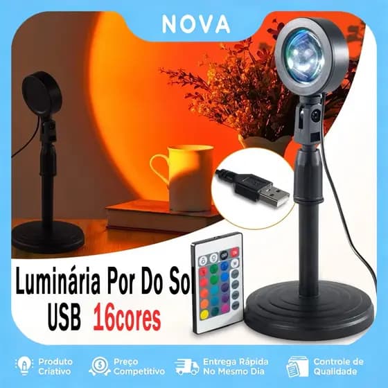 Lâmpada Pôr do Sol com Remoto 16 Cores Ajustáveis Projetor Led Sunset USB para Fotografia Festa Casa