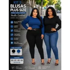 Blusa Feminina Plus Size Manga Longa Malha Canelada, Detalhe no Ombro, Blusa Plus Size,  Blusa Feminina Plus