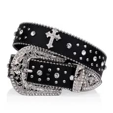 Cinto de Cowboy Ocidental Estilo Punk Preto Cruzado ‌    Cinto Estilo Country Feminino com Fivela Elegante de Cruz de St