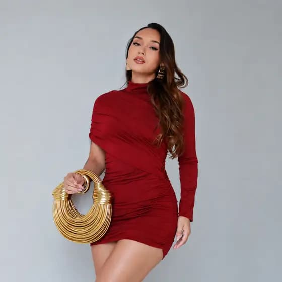 Vestido Feminino Curto Drapeado em Suplex Premium Manga Longa Casual e Festa