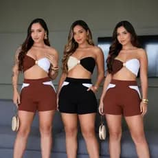 Conjunto Feminino Canelado Short Cintura Alta e Top Faixa Elegante