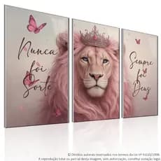 Quadro Decorativo 3 Peças Leão Rosa Borboleta Decoração Sala Quarto Escritório