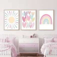 Quadro Decorativo Arco-íris Coração Rosa Lilás Decoração Quarto de Menina 3 Peças