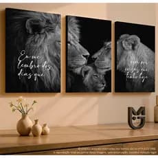 Quadro Decorativo Sala 3 Peças Família Leão Preto Branco Frase Decoração Quarto Sala