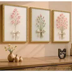 Quadro Decorativo 3 Peças Flores Flor Laço Rosa Decoração Quarto Sala Infantil Bebê Menina