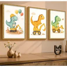 Quadro Decorativo Infantil 3 Peças Dinossauro Escavadeira Decoração Quarto de Menino Bebe