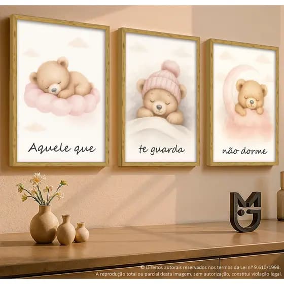 Quadro Decorativo Infantil 3 Peças Ursinho Urso Rosa Delicado Frases Decoração Quarto Menina Bebê