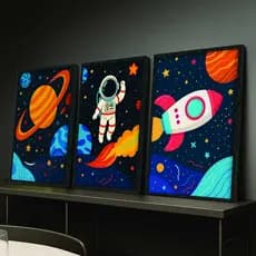 Quadro Decorativo 3 Peças Infantil Astronauta Foguete Galáxia Preto Decoração Quarto Menino Bebê