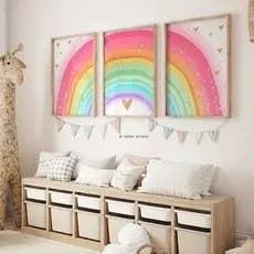 Quadro Decorativo Arco-íris Rosa Decoração Quarto de Menina Sala 3 Peças 60x40CM