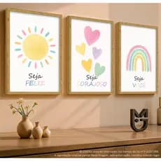 Quadro Decorativo Infantil 3 Peças Arco Iris Frases Delicada Decoração Quarto Menina Bebê