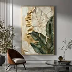 Quadro Decorativo Sala Abstrato Folhas Verdes e Dourado Decoração Quarto Escritório Luxuoso