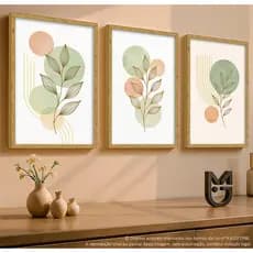 Quadro Decorativo 3 Peças Abstrato Geométrico Verde Rosa Decoração Sala Quarto Escritório