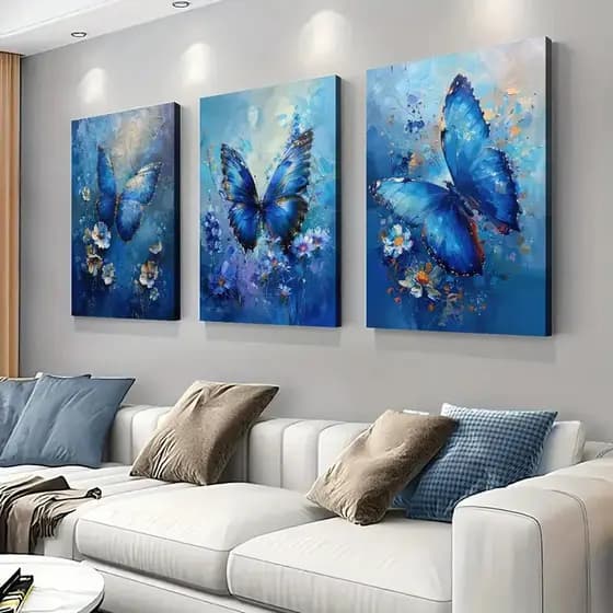 Quadro Decorativo Sala Borboleta Azul Decoração Quarto Sala Escritório 3 Peças