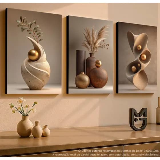 Quadro Decorativo kit 3 Peças Abstrato Geométrico Moderno Marrom Decoração Sala Quarto Parede