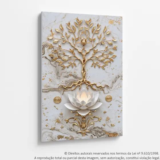 Quadro decorativo sala árvore da vida flor de lótus dourada quarto escritório