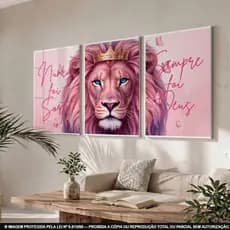 Quadro Decorativo Sala Leão Rosa Nunca foi Sorte Sempre foi Deus Decoração Quarto de Menina