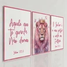 Quadro Decorativo Leão Rosa Coroa Dourada Borboletas Decoração Quarto de Menina Sala Escritório