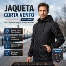 Jaqueta Masculina Corta Vento Nylon Tactel Preta Leve Repelente à Água Capuz Ajustável P ao GG