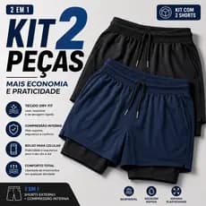 Kit 2 Shorts 2 Em 1 Masculino Dry Fit Compressão Interna Bolso Celular Academia Corrida Treinos Ao Ar Livre