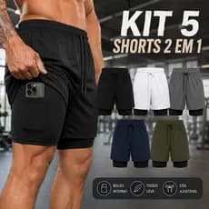 Kit 5 Bermudas de Treino Masculina 2 em 1 Dry Fit Forro Interno Cós com Cordão Bolso Celular Academia