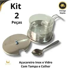 Açucareiro Aço inox e Vidro 230 ml com Tampa e Colher 1 ou 2 peças Utensílio Casa Restauarante