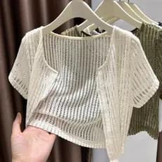 2024 Blazer de Verão Feminino Coreano Branco Preto Manga Curta Bolero de Renda Filipiniana Blusa Cardigan para Mulheres