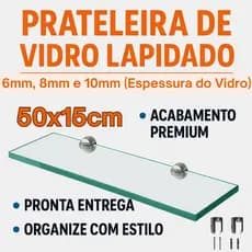 Prateleira de Vidro Lapidado Luxo 50x15cm Com Suporte | Porta Shampoo, Temperos, Banheiro, Cozinha