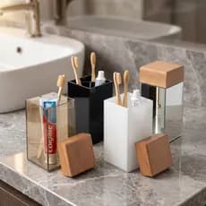 Porta Escova de Dente Organizador Com Tampa Divisoria Vidro Madeira Nobre Banheiro Higiene Lavabo