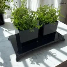 kit Bandeja Decorativa Vidro Lapidado Luxo com Pé Metal + 2 Cachepots + Brinde 2 Plantas Artificiais
