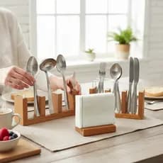 Kit Porta Talher e Guardanapo em Vidro e Madeira Decoração de Mesa Posta Cozinha Restaurante  Buffet