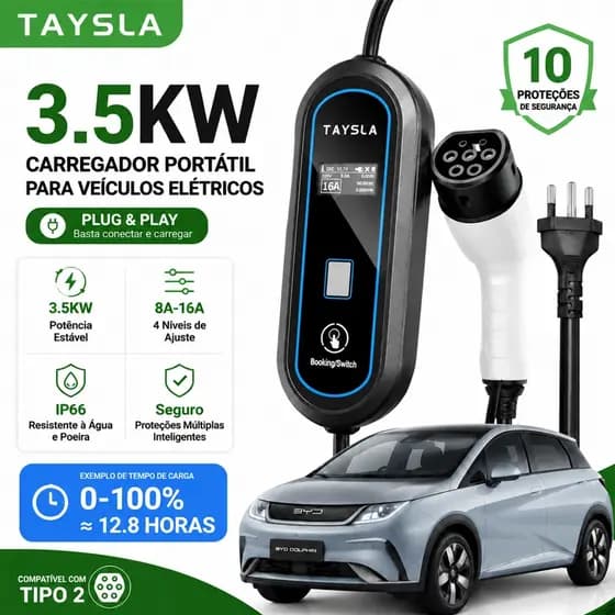 TAYSLA Carregador Veicular Portátil 3.5KW Tipo 2 Plug and Play 8A-16A EV Carregador Elétrico 20A
