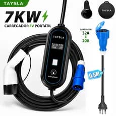Carregador Portátil para Carro Elétrico 7KW 32A TAYSLA BYD, Volvo e Todas Marcas com Tipo 2 Voltagem 80-260V (110V/220V)