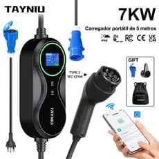 TAYNIU Carregador Portátil para Carro Elétrico 7KW 32A com Cabo de 5M e Aplicativo para Monitoramento em Tempo Real
