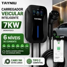 Carregador para carro elétrico TAYNIU 7kW Tipo 2 32A Carregador de Parede WiFi App 4,3” Tela IP66 EV Carregamento Rápido
