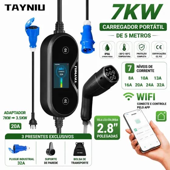 TAYNIU Carregador para Carro Elétrico 7KW 32A Tipo 2 Portátil com Tela 2.8" WiFi App Controle Remoto Timer