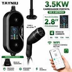 Carregador Veicular Portátil 3,5kW Tipo 2 16A 5m TAYNIU Tela 2,8” LCD App SmartLife WiFi Ajuste de Corrente