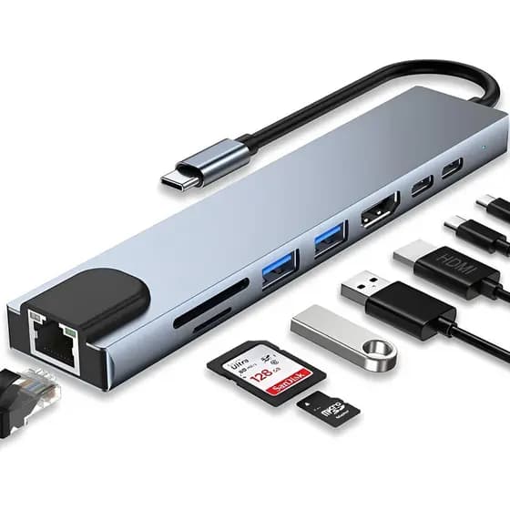 Hub USB-C 8 em 1 USB 2.0/3.0 HDMI 4K RJ45 Rede SD TF Docking Station Extensão Alta Velocidade