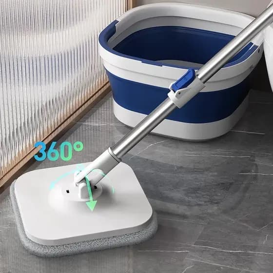 Mop Giratório 360° com Dupla Fibra + Balde Dobrável Azul e Branco 6cm, Seco e Molhado, Alta Absorção, Alça Longa 125CM