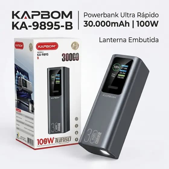 Power Bank 30000 mAh 100W Turbo Portatil Carregamento Rápido com Lanterna Embutido Cabo Tipo C Powerbank KAPBOM KA9895B
